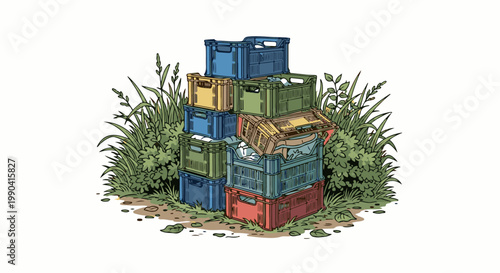 Stacked crates of various colors rest in overgrown green foliage