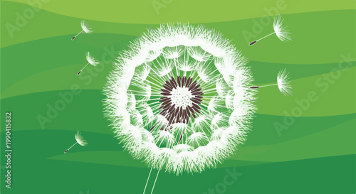 A fluffy white dandelion releases seeds on a green wavy background