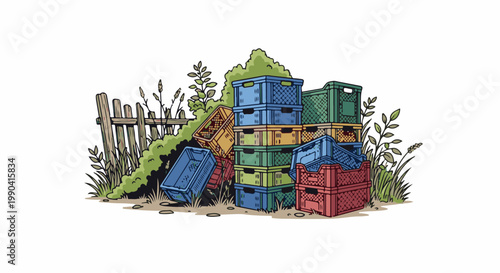 Stacked colorful plastic crates by a rustic fence and lush green plants
