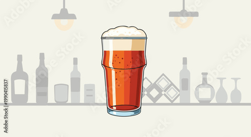 A pint of amber ale with frothy head, on a bar counter, surrounded by bottles and glasses