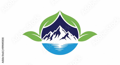 Mountain landscape logo with blue lake water, green leaves, and white peaks inside a modern emblem frame