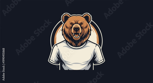 Fierce grizzly bear wearing a white t-shirt and tribal circle background
