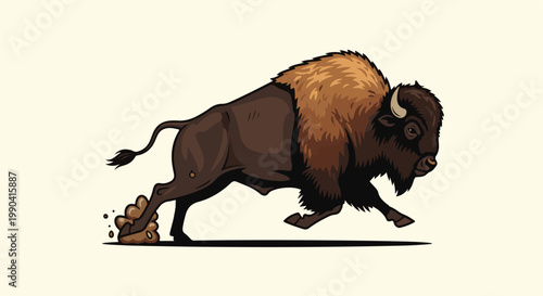 A powerful, brown bison with a shaggy mane runs dynamically, kicking up dirt