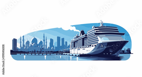 A large cruise ship is docked at a pier, with a city skyline featuring minarets and skyscrapers in the background