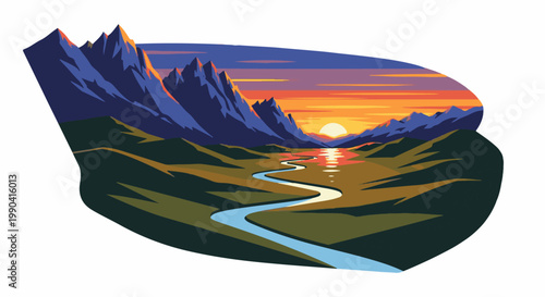 A stylized mountain valley at sunset with a winding river reflecting the sky