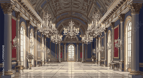 Ornate ballroom with chandeliers and sunbeams streaming through arched windows