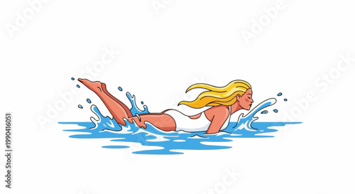 Artistic illustration of a blonde woman swimming in blue water, creating splashes