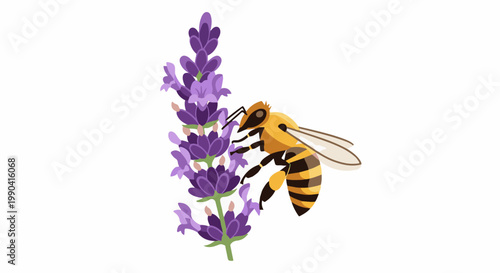 A stylized bee gathers nectar from a purple lavender bloom