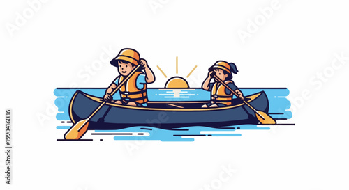 Two children in a canoe paddle on water with the sun rising