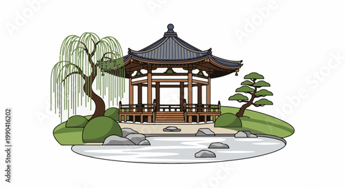 Traditional pavilion with weeping willow and bonsai in a tranquil garden setting