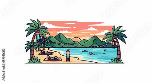 Tropical beach scene with palm trees, people sunbathing, and swimming in the ocean at sunset