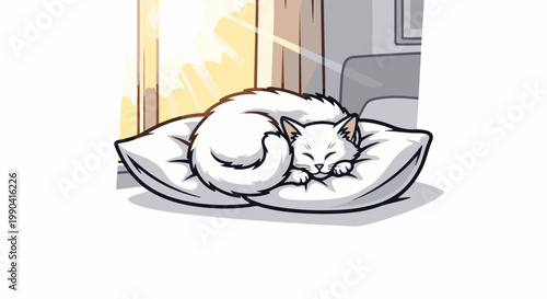 A fluffy white cat curled up asleep on a soft pillow in warm sunlight