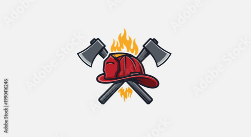 Stylized red firefighter helmet with crossed axes and flames