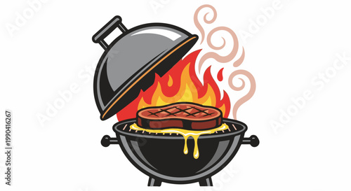 A steak sizzles on a grill with flames and smoke rising, lid open
