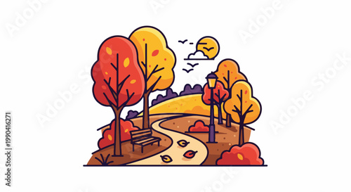 A stylized park scene with autumn trees, a winding path, a bench, and a lamppost under a partly cloudy sun