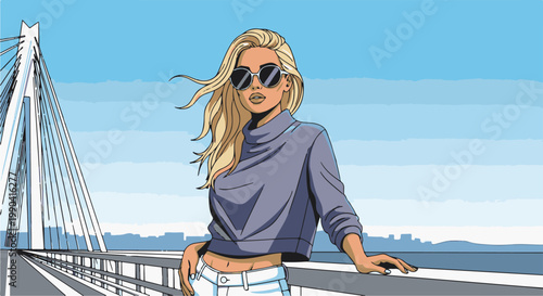 Stylized portrait of a woman with blonde hair and sunglasses on a bridge overlooking a city