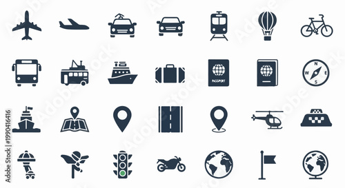 Collection of travel and transport icons including vehicles, navigation, and destination markers