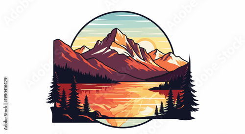 Stylized mountain range reflected in a lake at sunset
