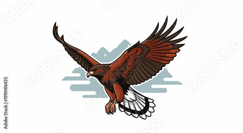 Brown hawk with wings spread wide, flying against a backdrop of stylized mountains and clouds