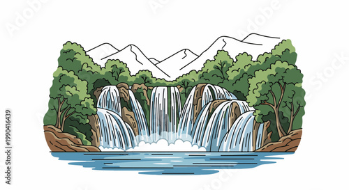 Stylized depiction of a multi-tiered waterfall cascading into a blue pool, framed by lush green trees and distant mountains