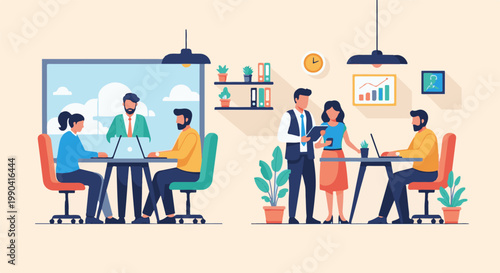 Diverse office workers collaborate on projects using technology in a modern workspace