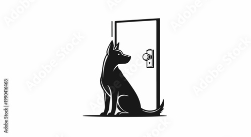 A black silhouette of a dog sits patiently beside a white door with a doorknob