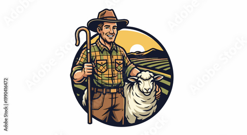 Cheerful farmer with hat and crook stands beside a woolly sheep