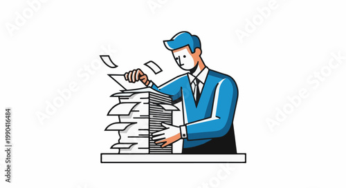 Man in blue suit sorting through tall stacks of paper