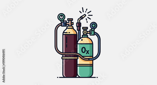 Two gas cylinders, one marked 'Ox', connected with hoses and a torch