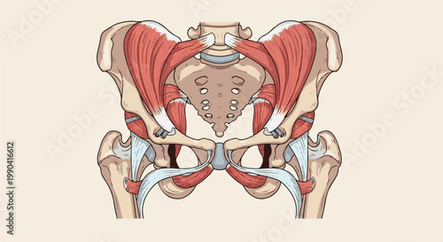 Detailed illustration of the human pelvic girdle, showing bones and musculature