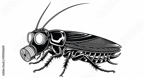Robot insect character with gas mask head, wings, and spiked legs in retro sci fi comic line art featuring illustration, cyber creature, goggles with
