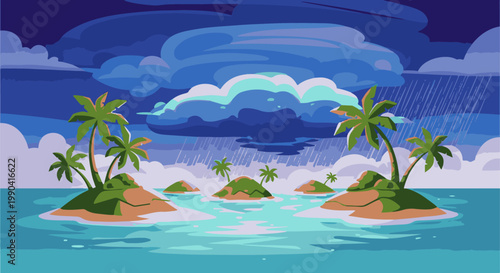 Pixelated tropical islands under a stormy, rain-filled sky, with calm ocean water