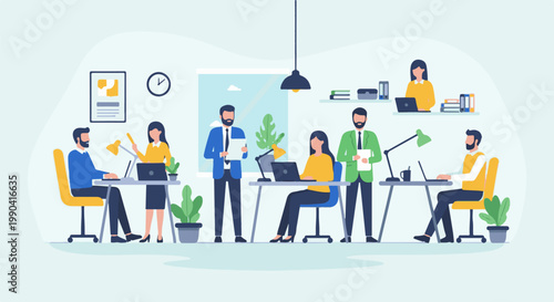 Diverse office workers collaborate and focus on tasks at desks with laptops and plants