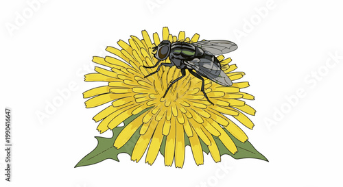 A detailed illustration of a fly perched atop a bright yellow dandelion flower, with green leaves below