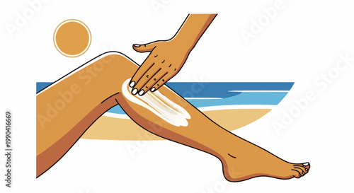 Sun protection applied to leg with beach and ocean background