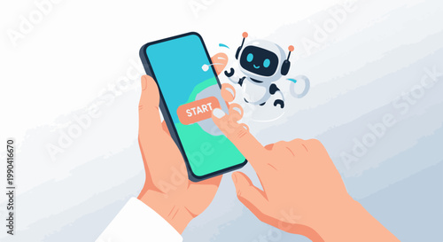 Human finger presses "START" button on phone screen near friendly cartoon robot