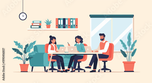 Three diverse colleagues collaborate on laptops around a modern office table, near plants and window