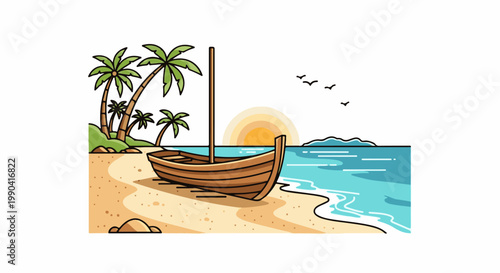 A wooden boat rests on a sandy beach beside palm trees and the ocean at sunset