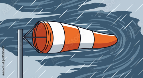 A windsock inflates in a storm with heavy rain and swirling clouds