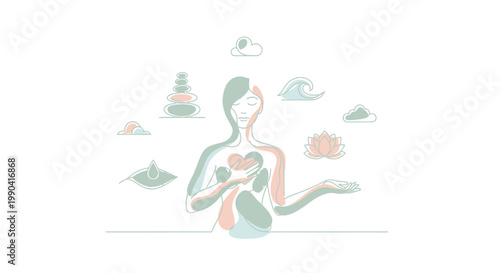 Minimalist illustration of a woman meditating with nature symbols