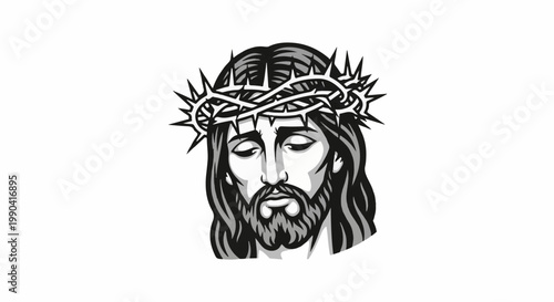 Somber portrait of Jesus wearing a crown of thorns, rendered in monochrome