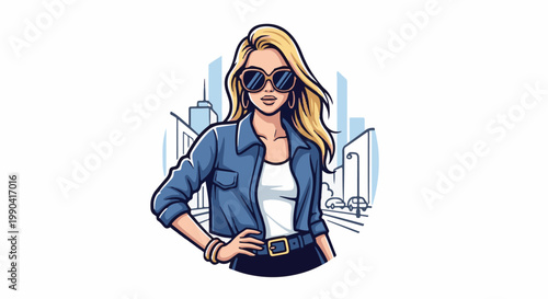 Stylish woman in sunglasses and denim jacket stands confidently in a city