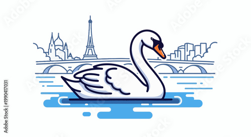 An elegant white swan glides serenely on the water before a stylized Paris skyline
