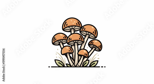A cluster of stylized, cartoonish mushrooms with orange caps sprouts from the earth