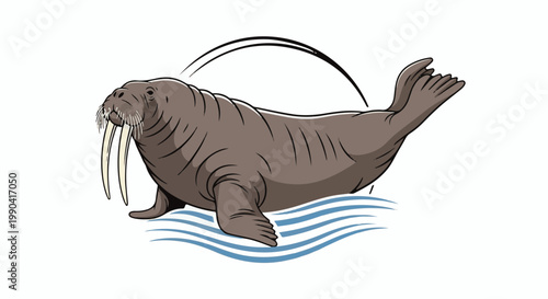 Stylized walrus with tusks, body curved over wavy water, black arc above