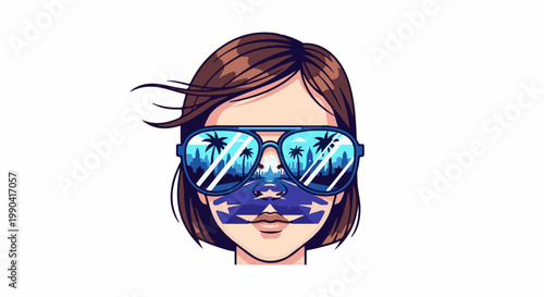 Pixelated portrait with mirrored sunglasses reflecting a city and palm trees