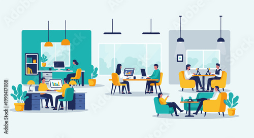 Diverse individuals collaborate and work remotely in a modern, open-concept office environment