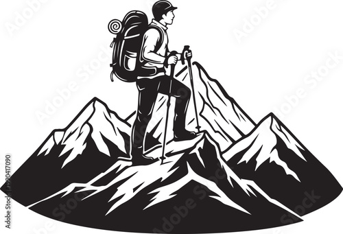 Silhouette of a hiker with backpack and trekking pole on a mountain peak in black and white illustration.