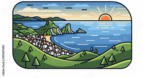 Coastal village nestled in green hills with a vibrant sunset over the sea