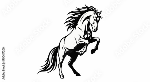 A rearing black stallion with a flowing mane against a white backdrop